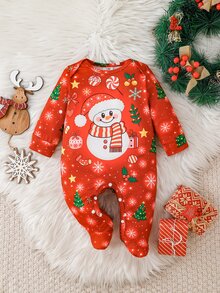 1 Pack Newborn Long Sleeve Footed Knit Jumpsuit, Soft Comfortable Cute Glow-In-The-Dark All-Over Print Christmas Autumn/Winter Loungewear, Versatile Fashion, Best Choice, Perfect Gift For Newborns - Multicolor - View 3