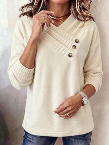Holdful Holdful Women Solid White Long Sleeve T-Shirt, Elegant Ruched Front V Neck Button Detail Casual Tee - Apricot - View 5