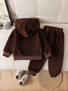 Boys' Autumn/Winter Plush Hooded Set, Letter Embroidered Top And Cuffed Long Pants 2 Pieces Set, Casual Outdoor Wear For Kids - Brown - View 3