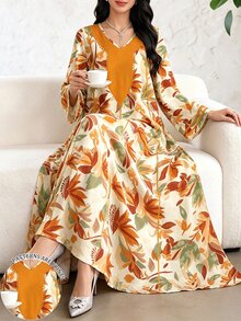 Al Najma Beige Large Floral Print Collar Dress, Women's V-Neck Long Sleeve Modest Arabic Style Outfit, Fall Pattern Dress Holiday Ninang Wedding - Multicolor - View 3