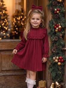SHEIN Young Girl Solid Color Knitted Stand Collar Ruffle Casual Dress - Red - View 2