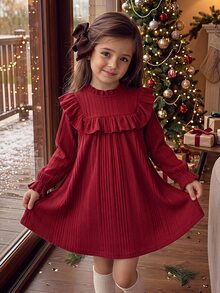 SHEIN Young Girl Solid Color Knitted Stand Collar Ruffle Casual Dress - Red - View 3