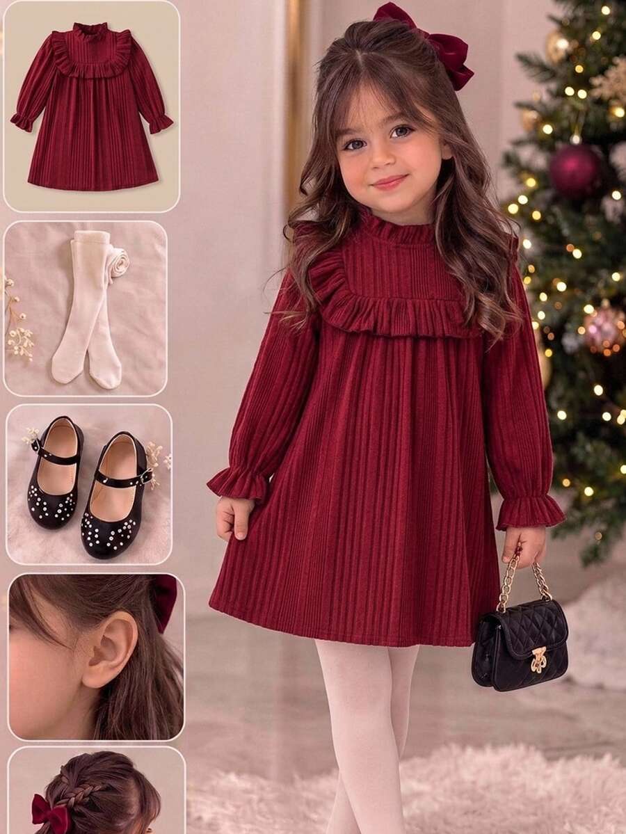 SHEIN Young Girl Solid Color Knitted Stand Collar Ruffle Casual Dress - Red - View 1