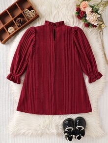 SHEIN Young Girl Solid Color Knitted Stand Collar Ruffle Casual Dress - Red - View 5