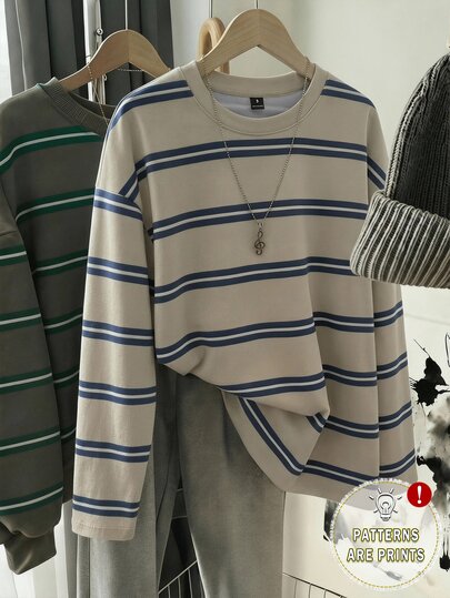 SHEIN EZwear 女款藍白條紋圓領T恤，休閒秋季返校長袖上衣，優雅Y2K時尚百搭校園出遊款