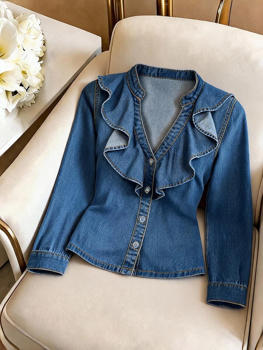 GlowEve Women's Patchwork Ruffle Trim Cutout V-Neck Long Sleeve Denim Jacket Brunch Office Fall Casual - Medium Wash - View 1