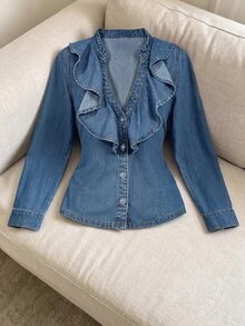 GlowEve Women's Patchwork Ruffle Trim Cutout V-Neck Long Sleeve Denim Jacket Brunch Office Fall Casual - Medium Wash - View 2