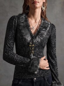 LUMIGAL Spring/Autumn New Women's Fuzzy Collar Patchwork Long Sleeve Button-Up Top For Dating, Commuting And Vacation - Black - View 7