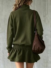 LUMIGAL Women's Solid Color Pleated Casual Versatile Daily Long Sleeve Sweatshirt Everyday Night Out Burgundy Autumn - Army Green - View 2