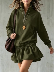 LUMIGAL Women's Solid Color Pleated Casual Versatile Daily Long Sleeve Sweatshirt Everyday Night Out Burgundy Autumn - Army Green - View 4