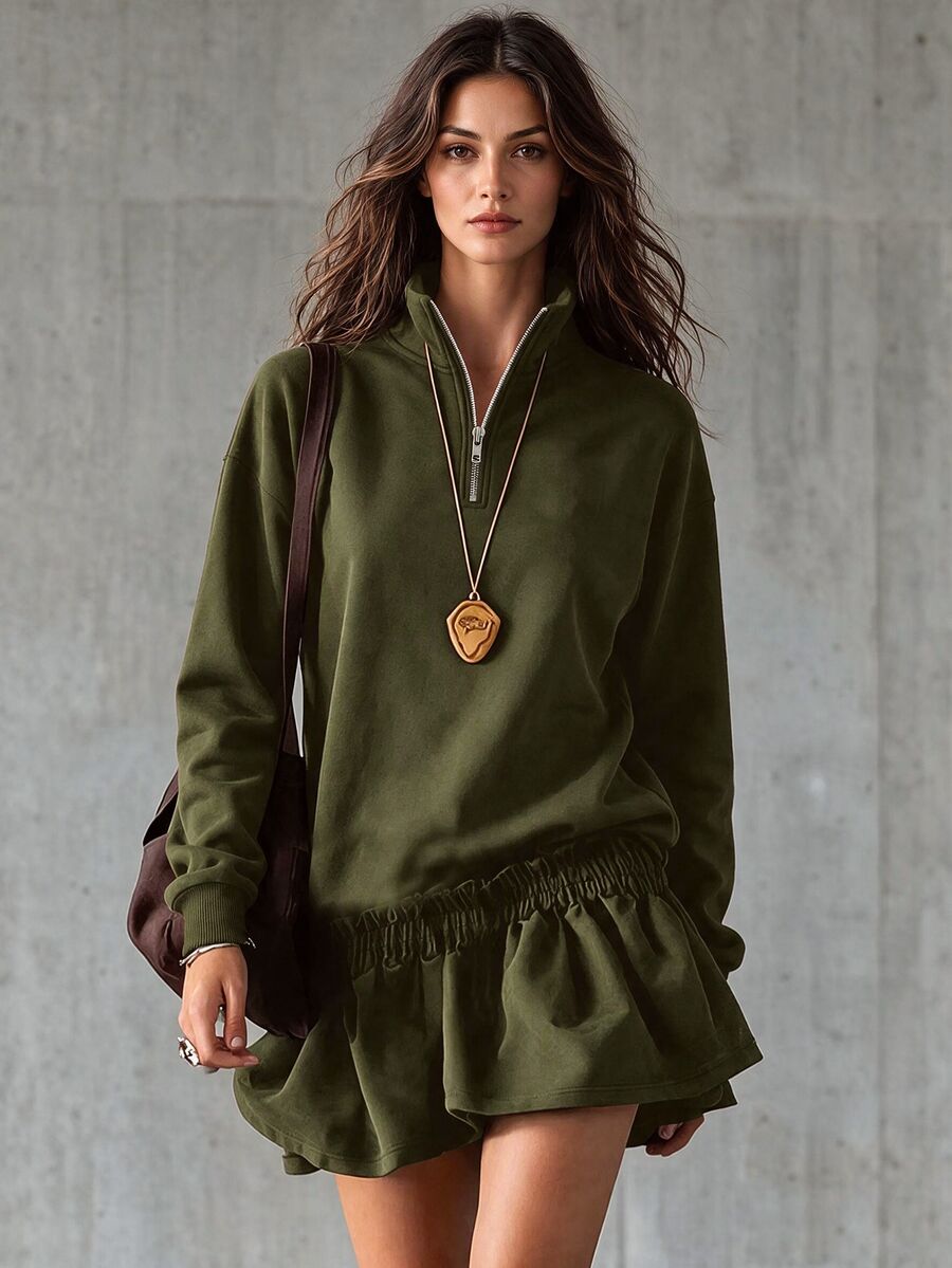 LUMIGAL Women's Solid Color Pleated Casual Versatile Daily Long Sleeve Sweatshirt Everyday Night Out Burgundy Autumn - Army Green - View 1