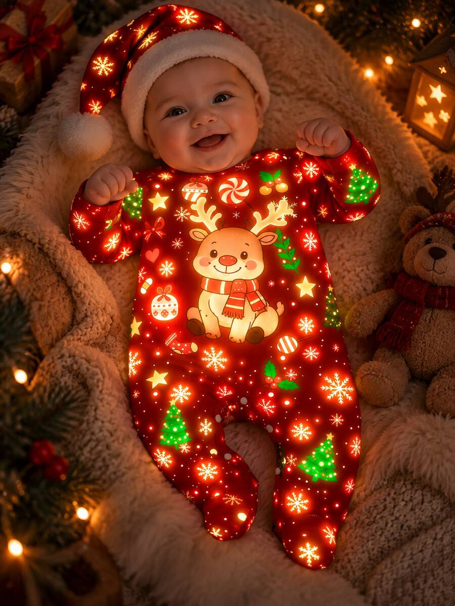 Newborn Christmas Autumn/Winter Long Sleeve Jumpsuit Pajamas Red Glow-In-The-Dark Reindeer Cute Baby Home Wear & Outwear - Multicolor - View 1