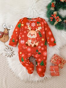 Newborn Christmas Autumn/Winter Long Sleeve Jumpsuit Pajamas Red Glow-In-The-Dark Reindeer Cute Baby Home Wear & Outwear - Multicolor - View 3