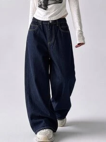 SHEIN Tween Girls' Navy Blue Washed Straight Leg Wide Leg Loose Denim Jeans, Streetwear Casual Vacation School Fall Holiday - Medium Wash - View 1