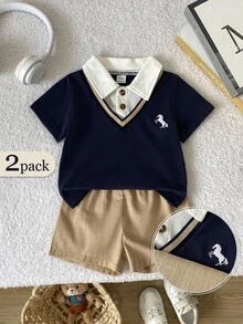 Souflis Souflis 2pcs Boy Kid Baby Child Chic Cool Best Active Prep Horse Color Block Long Sleeve Polo Top Pant Soft Comfy Suit Set Gear Cloth Play Day Sport Fall - Multicolor - View 10