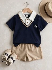 Souflis Souflis 2pcs Boy Kid Baby Child Chic Cool Best Active Prep Horse Color Block Long Sleeve Polo Top Pant Soft Comfy Suit Set Gear Cloth Play Day Sport Fall - Multicolor - View 2