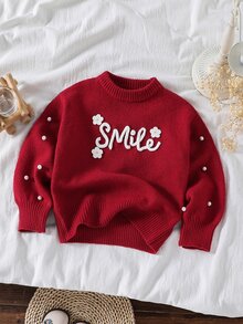 SHEIN Young Girl Solid Color Kids Knit Round Neck Puff Sleeve 3D Embroidered Beaded Loose Casual Autumn Winter Sweater - Red - View 3