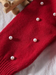 SHEIN Young Girl Solid Color Kids Knit Round Neck Puff Sleeve 3D Embroidered Beaded Loose Casual Autumn Winter Sweater - Red - View 6