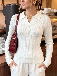 Cévolie Commuter Versatile Travel Brunch Office Henley Collar Minimalist Preppy Casual Unique Twisted Rope Cable Knit Pullover White Fall - White - View 8