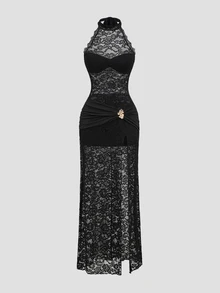 Sweetra New European & American Sexy Lace Sexy Style Halter Neck Backless Bowknot Waist-Cinching Slimming Metal Buckle Ruffle Hem High Slit Design Party Evening Outing Date Long Dress - Black - View 3