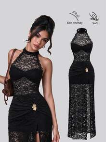Sweetra New European & American Sexy Lace Sexy Style Halter Neck Backless Bowknot Waist-Cinching Slimming Metal Buckle Ruffle Hem High Slit Design Party Evening Outing Date Long Dress - Black - View 1
