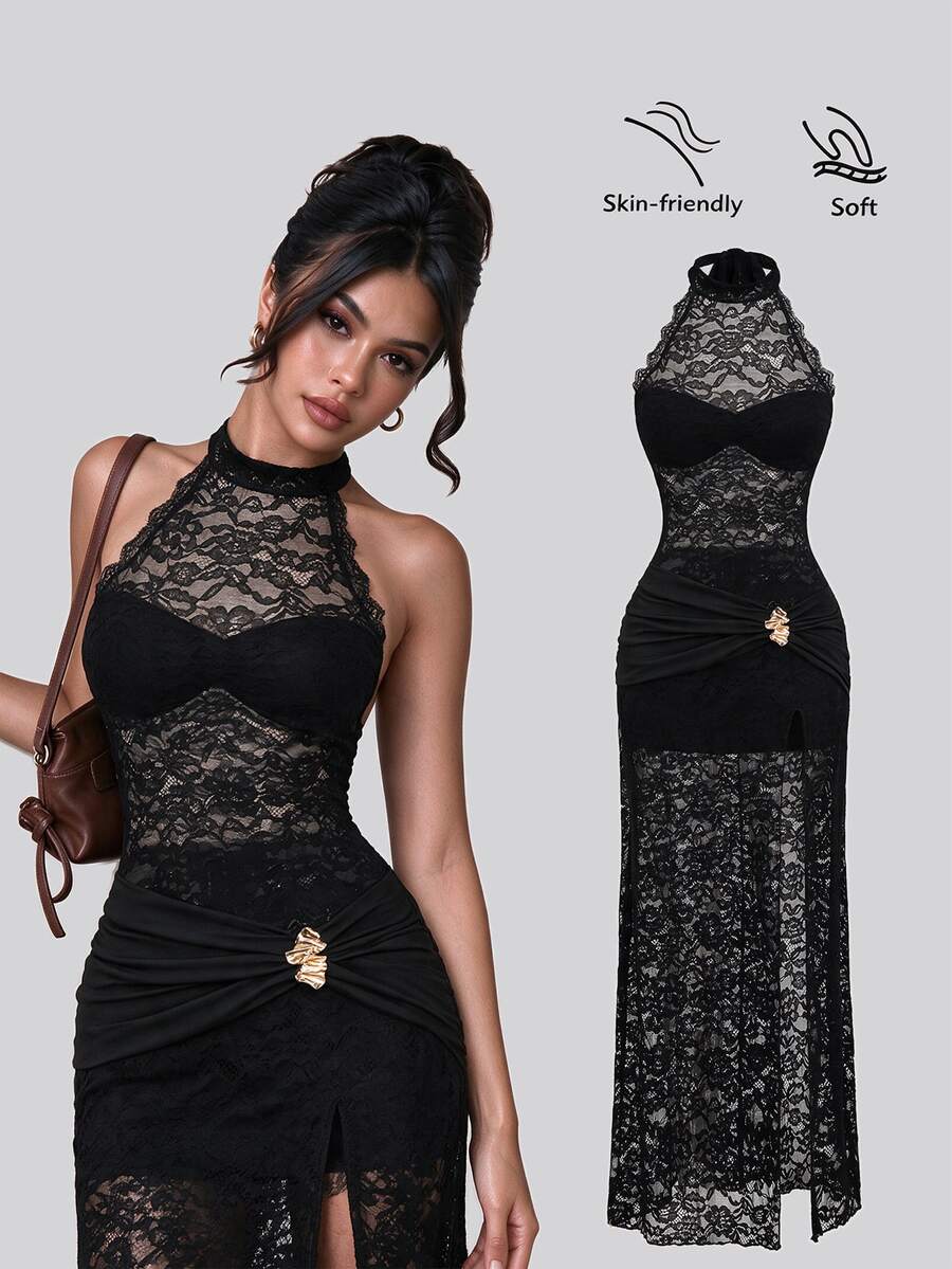 Sweetra New European & American Sexy Lace Sexy Style Halter Neck Backless Bowknot Waist-Cinching Slimming Metal Buckle Ruffle Hem High Slit Design Party Evening Outing Date Long Dress - Black - View 1