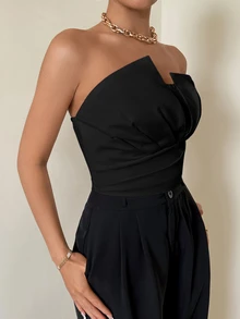 Firerie Women's Ruched Asymmetric Strapless Bodysuit, Elegant For Daily Wear, Vacation, Wedding, Date, Music Festival Fashion Clothing - Black - View 7