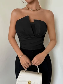 Firerie Women's Ruched Asymmetric Strapless Bodysuit, Elegant For Daily Wear, Vacation, Wedding, Date, Music Festival Fashion Clothing - Black - View 2
