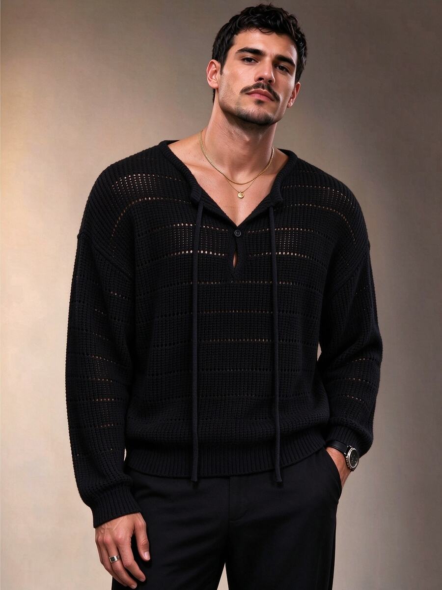 ZURIURI Mature Men Autumn/Winter Sexy Hollow-Out Street Punk Rock Style Daily Versatile Pullover Sweater - Black - View 1