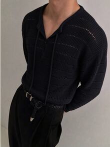 ZURIURI Mature Men Autumn/Winter Sexy Hollow-Out Street Punk Rock Style Daily Versatile Pullover Sweater - Black - View 2