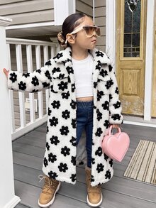 SHEIN Young Girl Knitted Flower Dual Pocket Faux Fur Collar Casual Jacket - Black and White - View 1
