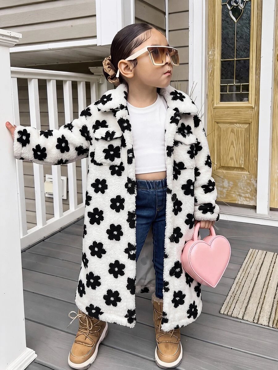 SHEIN Young Girl Knitted Flower Dual Pocket Faux Fur Collar Casual Jacket - Black and White - View 1