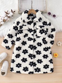 SHEIN Young Girl Knitted Flower Dual Pocket Faux Fur Collar Casual Jacket - Black and White - View 4