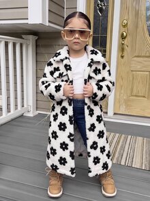 SHEIN Young Girl Knitted Flower Dual Pocket Faux Fur Collar Casual Jacket - Black and White - View 3