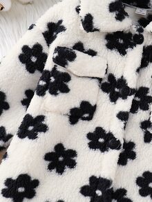 SHEIN Young Girl Knitted Flower Dual Pocket Faux Fur Collar Casual Jacket - Black and White - View 6