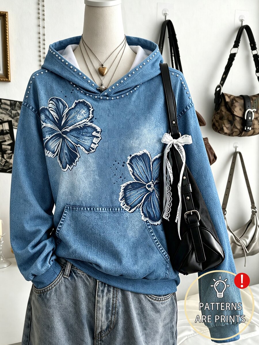 SHEIN Teen Girls Floral Studded Print Sweatshirt Casual Y2k Streetwear Loose Fit Pullover Sweatshirt Vacation Party Fall - Blue - View 1