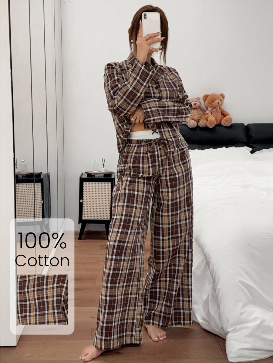 Napfluff Women's American Casual Woven Plaid Lapel Button-Front Long Contrast Color Double-Layer Waist Pajama Set - Coffee Brown - View 1