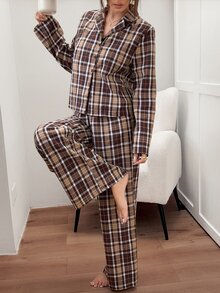 Napfluff Women's American Casual Woven Plaid Lapel Button-Front Long Contrast Color Double-Layer Waist Pajama Set - Coffee Brown - View 7