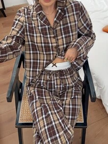 Napfluff Women's American Casual Woven Plaid Lapel Button-Front Long Contrast Color Double-Layer Waist Pajama Set - Coffee Brown - View 5