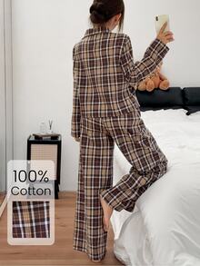 Napfluff Women's American Casual Woven Plaid Lapel Button-Front Long Contrast Color Double-Layer Waist Pajama Set - Coffee Brown - View 2