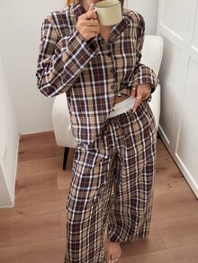 Napfluff Women's American Casual Woven Plaid Lapel Button-Front Long Contrast Color Double-Layer Waist Pajama Set - Coffee Brown - View 6