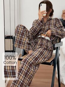 Napfluff Women's American Casual Woven Plaid Lapel Button-Front Long Contrast Color Double-Layer Waist Pajama Set - Coffee Brown - View 3