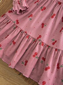 SHEIN Young Girl Cherry Print Patchwork Ruffle Hem Cute Long Sleeve Dress - Pink - View 7