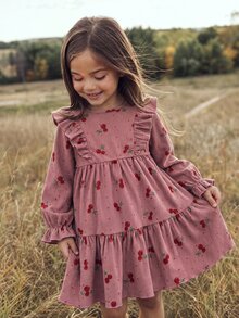 SHEIN Young Girl Cherry Print Patchwork Ruffle Hem Cute Long Sleeve Dress - Pink - View 4