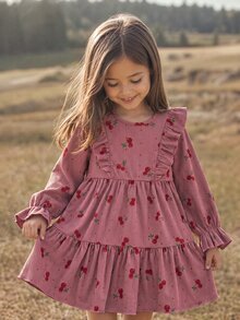 SHEIN Young Girl Cherry Print Patchwork Ruffle Hem Cute Long Sleeve Dress - Pink - View 2