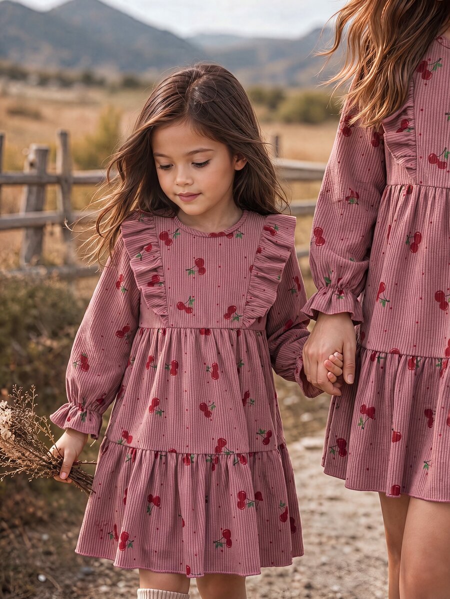SHEIN Young Girl Cherry Print Patchwork Ruffle Hem Cute Long Sleeve Dress - Pink - View 1