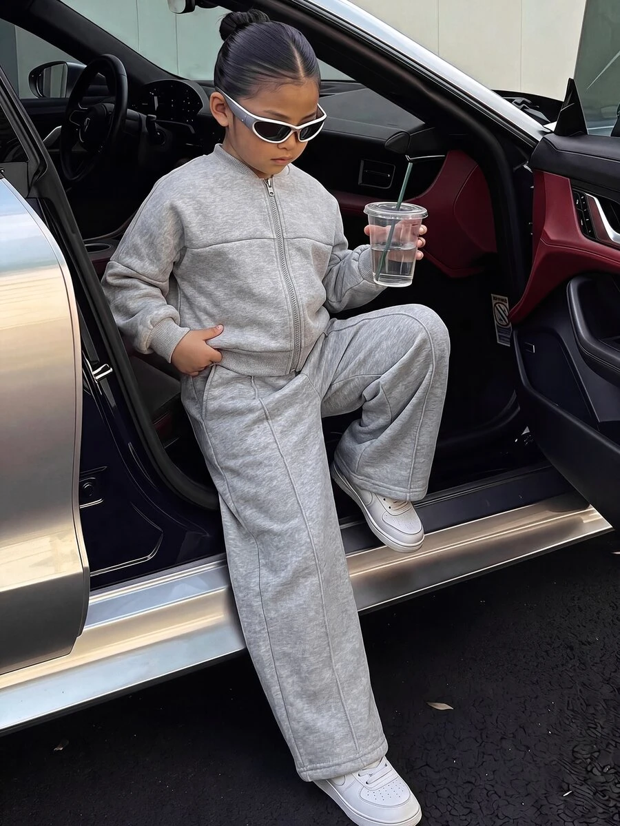 SHEIN Young Girl Solid Color Zip-Up Baseball Collar Jacket And Wide Leg Pants Casual Set - Grey - View 1