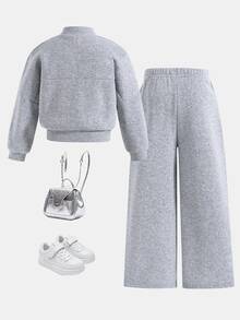 SHEIN 女童純色拉鍊棒球領夾克與寬腿褲休閒套裝 - 灰色 - 查看 4