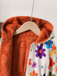 SHEIN 女童編織碎花人造毛內裡連帽休閒中長版冬季外套 - 橘色 - 查看 3