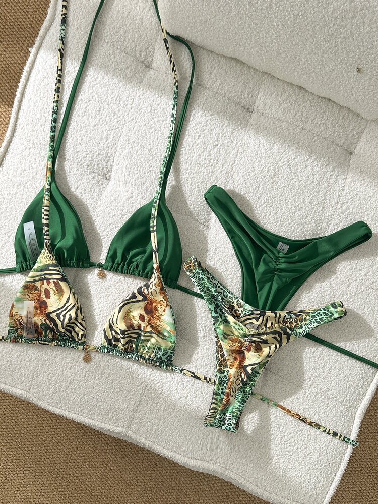 SHEIN Swim 2026 Spring/Summer Multi-Piece Green Leopard Print Flattering Swimwear Bikini Set For Women,Casual Push Up Bathing Suits For Beach,Holiday,Vacation - Multicolor - View 3